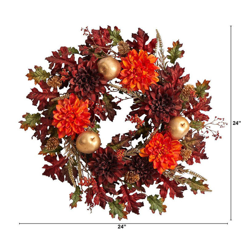 Nearly Natural 24-in Fall Dahlia, Golden Apple, Oak Leaf and Berries Autumn Artificial Wreath