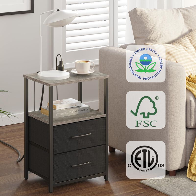 TUTOTAK End Table with Charging Station, Side Table with 2 USB Ports and Outlets, Nightstand with Cloth Drawer, Set of 2, Couch