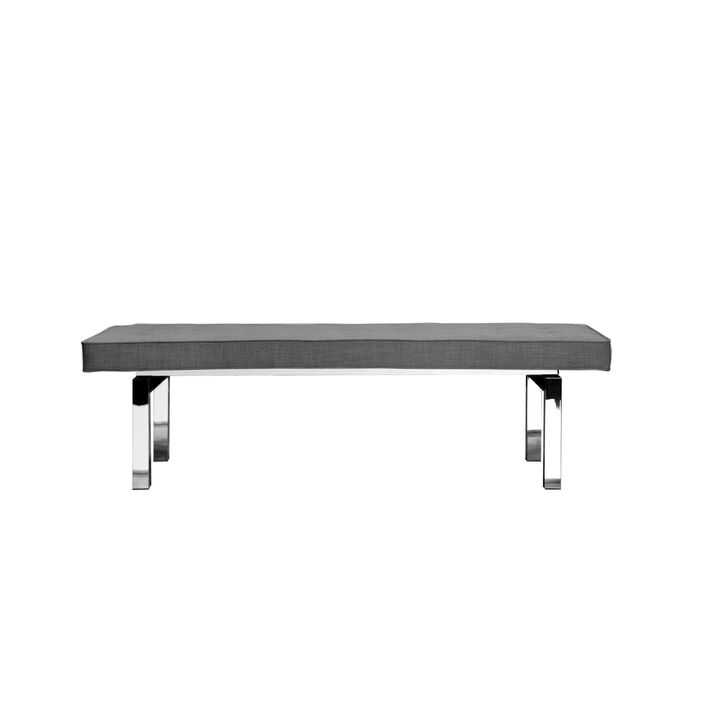 Yoma 65 Inch Bench, Button Tufted Seat, Charcoal Gray Fabric, Chrome Legs - Benzara