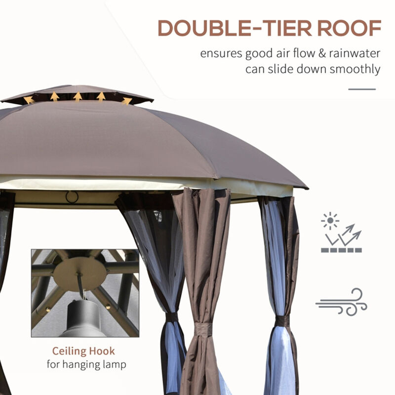 Round Outdoor Gazebo with Double Roof, Patio Dome Canopy Shelter with Netting Sidewalls and Zippered Doors