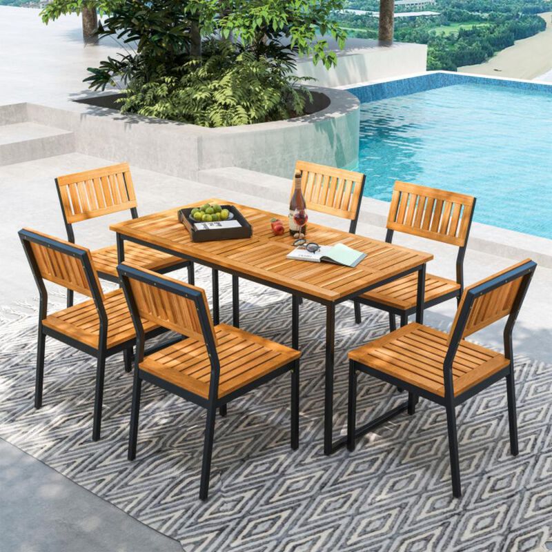 Hivvago Acacia Wood Dining Table for 6 People with Slatted Tabletop and Umbrella Hole