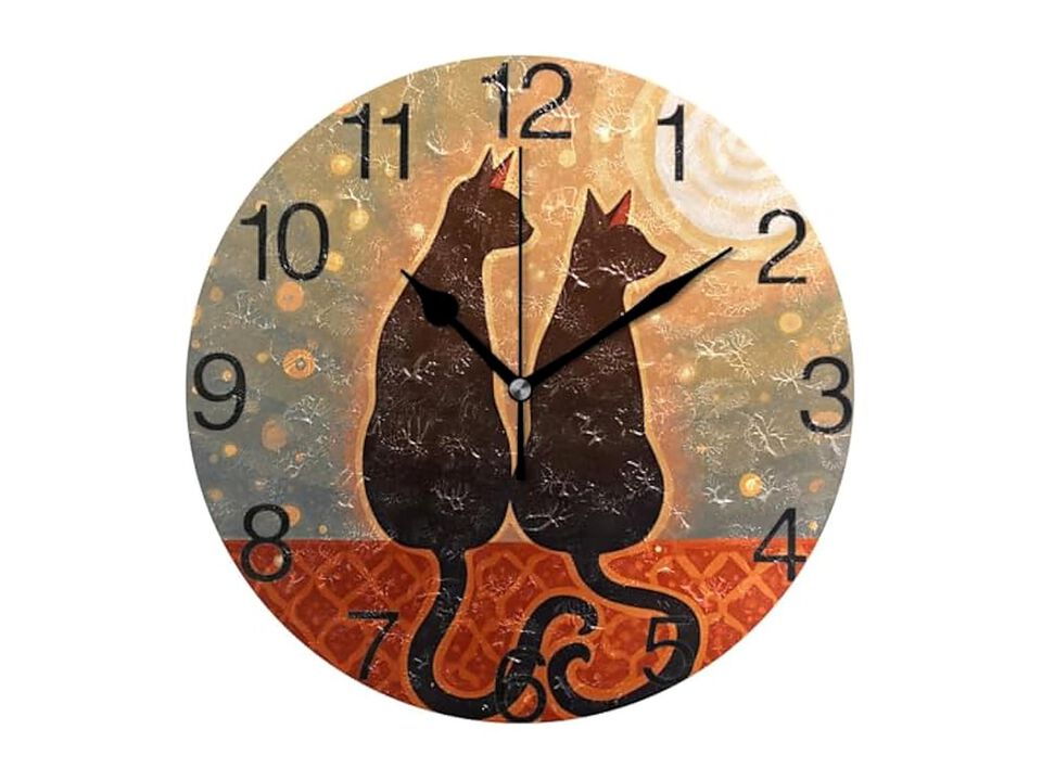 Cats Love Moon Oil Painting Wall Clock Silent Non Ticking Office Decor