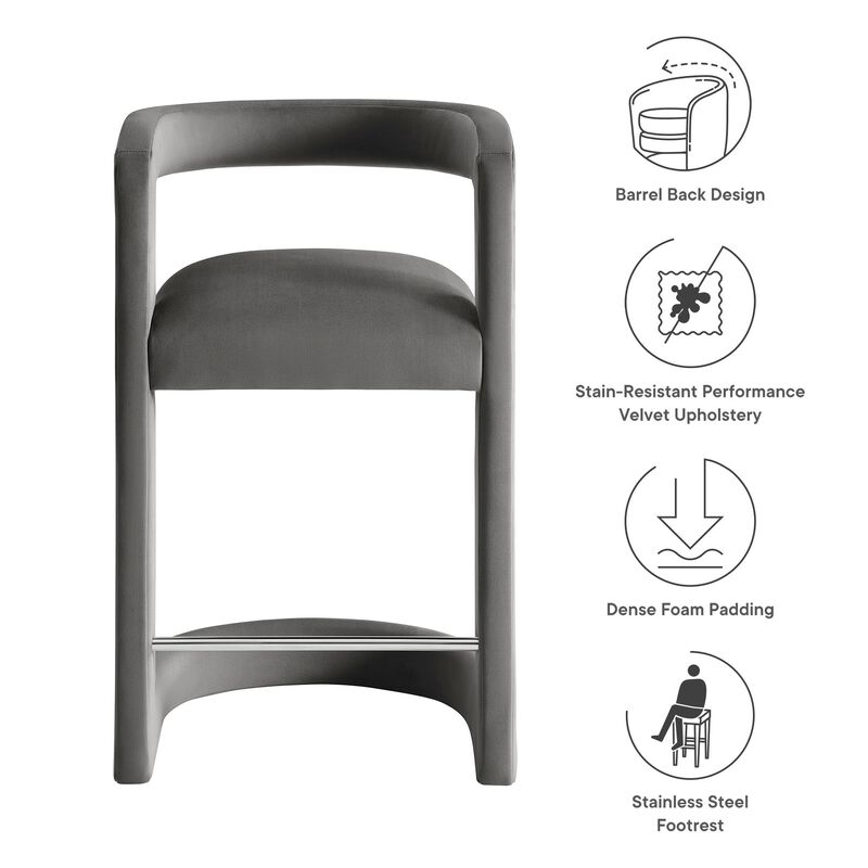 Modway Winslow Performance Velvet Counter Stool with Stainless Steel Footrest in Storm Gray image number 3