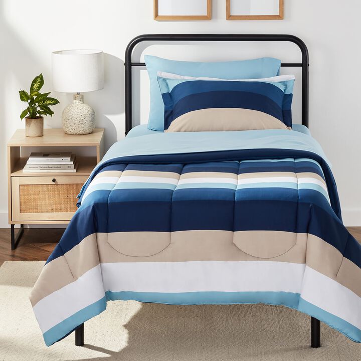 Amazon Basics Twin XL Comforter Set with Sheets, 5-Piece Blue Stripe Bedding, Lightweight Microfiber Bed-in-a-Bag
