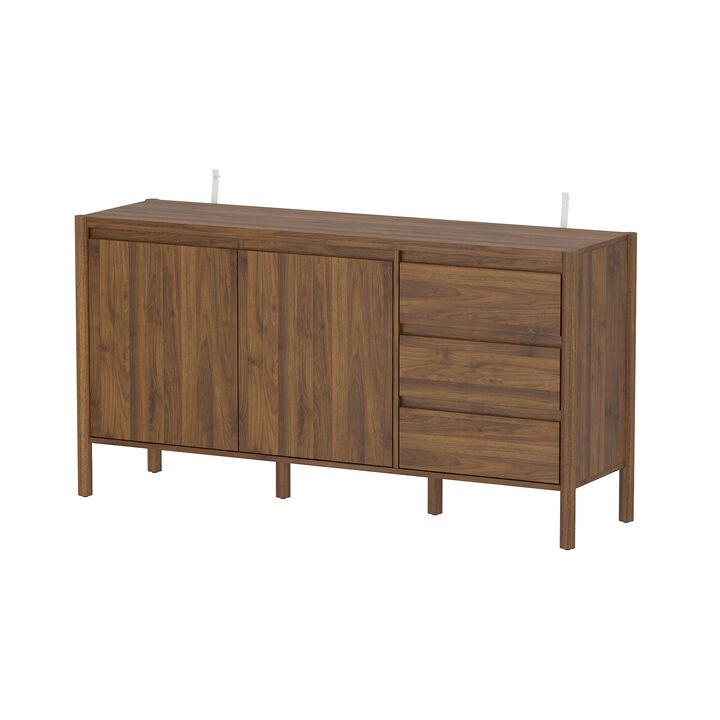 FUFU&GAGA Round Leg 2-Door 3-Drawer Cabinet with Painted Rubberwood Legs, 15mm Particleboard Construction, and Faux Thick Panel, (59"W x 16.5"D x 30.9"H) , Brown