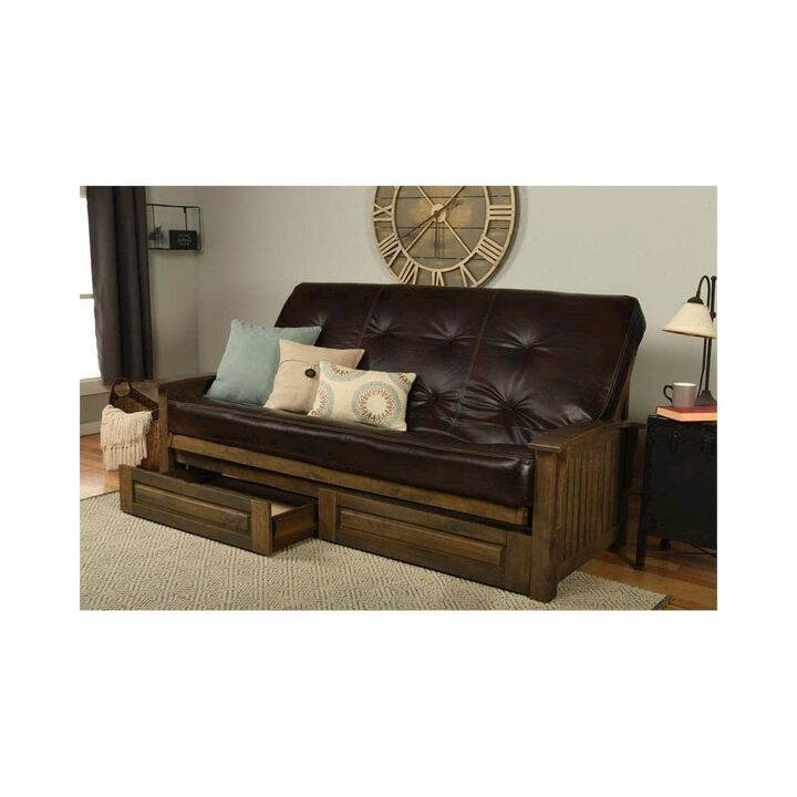 Washington Queen Frame-Rustic Walnut Finish-Oregon Trail Java Mattress-Storage Drawers
