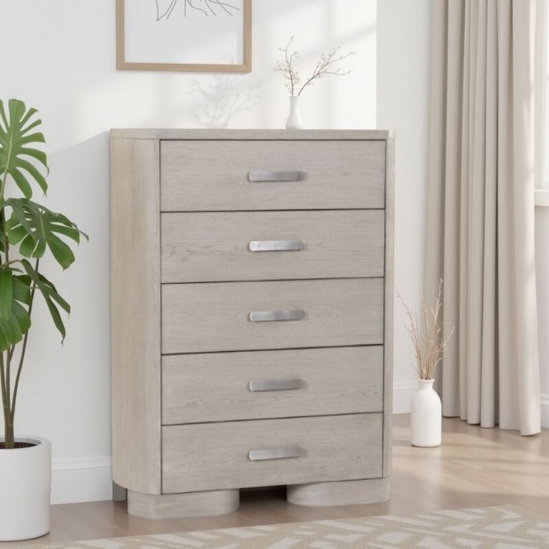 Celly Tall Dresser Chest, 5 Drawers, Round Edges, White Oak Wood