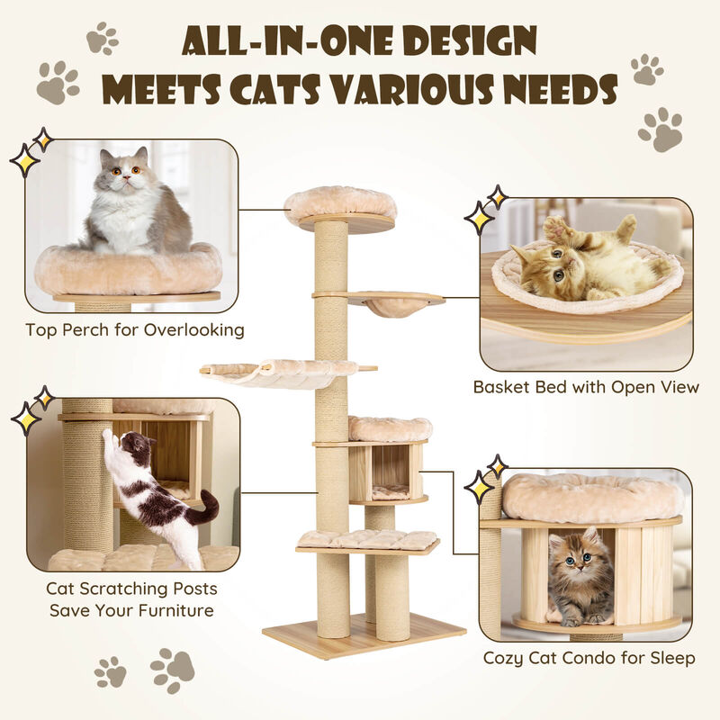 Modern Tall Cat Tree Tower with Scratch Posts and Washable Mats-Beige image number 7