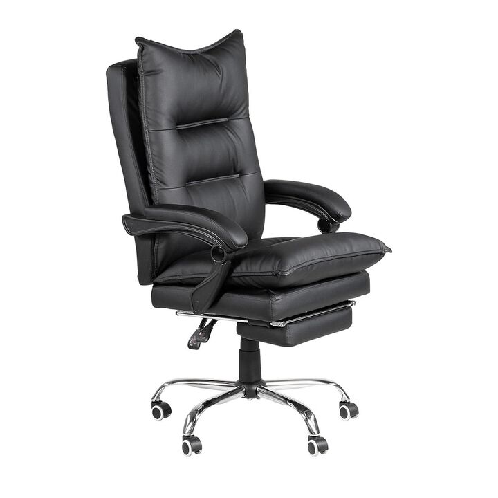Elin 46 Inch Office Chair Recliner, Footrest, Black Faux Leather, Wheels - Benzara