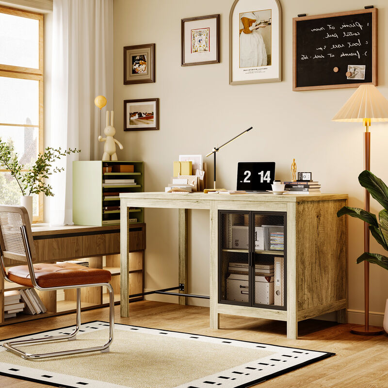 FUFU&GAGA White Oak Textured Office Desk with Metal Mesh Cabinet Door and Adjustable Shelf, Modern Workstation Table (63 in. L x 31.5 in. W x 38.6 in. H),White Oak