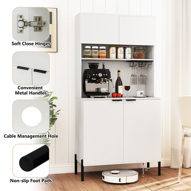 Tall Kitchen Storage Cabinet 64.5 Inches with Power Outlet and Wine Glass Rack image number 7