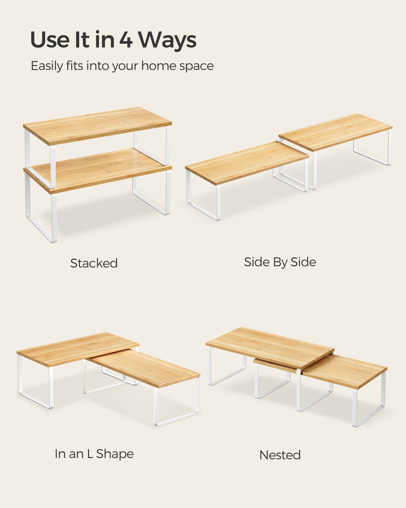 Set of 4 Stackable Cabinet Shelf Organizers - Metal and Particleboard Kitchen Counter Shelves, Expandable