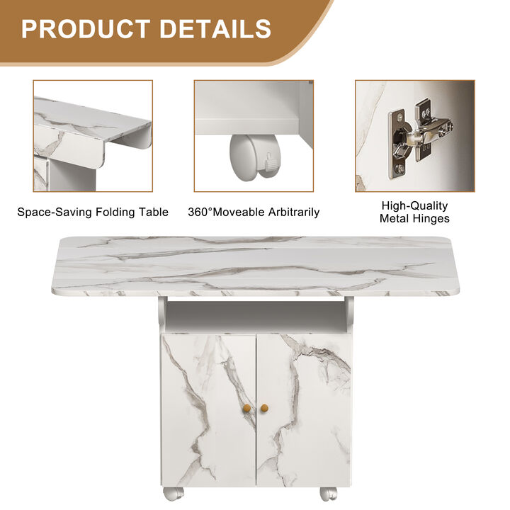 Folding Dining Table with Wheels &ndash; Wood Table with Storage Rack, Cabinet, and Marble Top