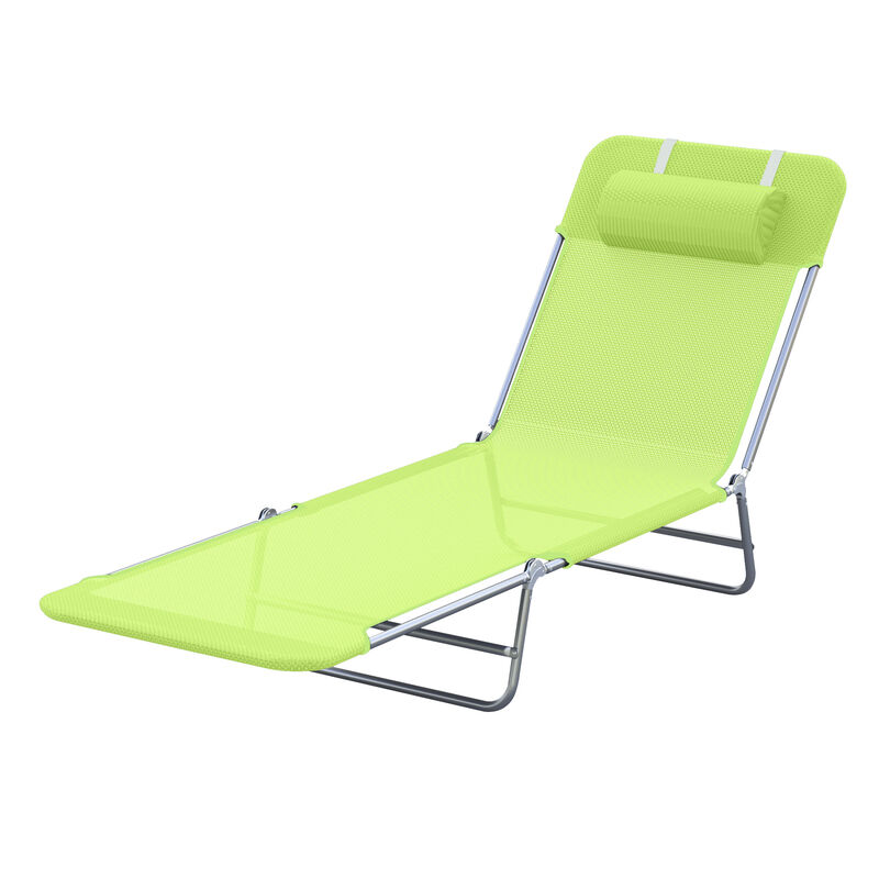 Outsunny Folding Chaise Lounge Pool Chairs, Outdoor Sun Tanning Chairs with Pillow, Reclining Back, Steel Frame & Breathable Mesh for Beach, Yard, Patio,  Green
