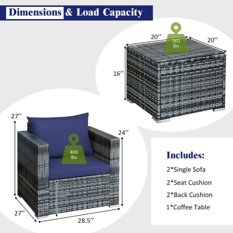 Hivvago 3 Pieces Patio Rattan Furniture Bistro Sofa Set with Cushioned