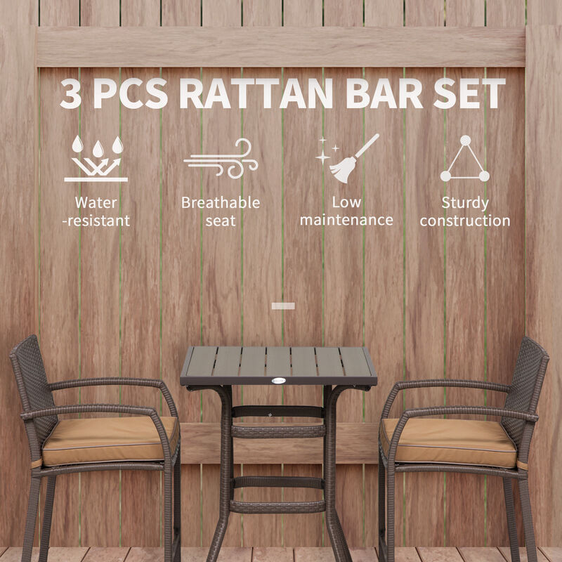Outsunny 3 PCS Rattan Wicker Bar Set with Wood Grain Top Table and 2 Bar Stools for Outdoor, Patio, Poolside, Garden, Brown