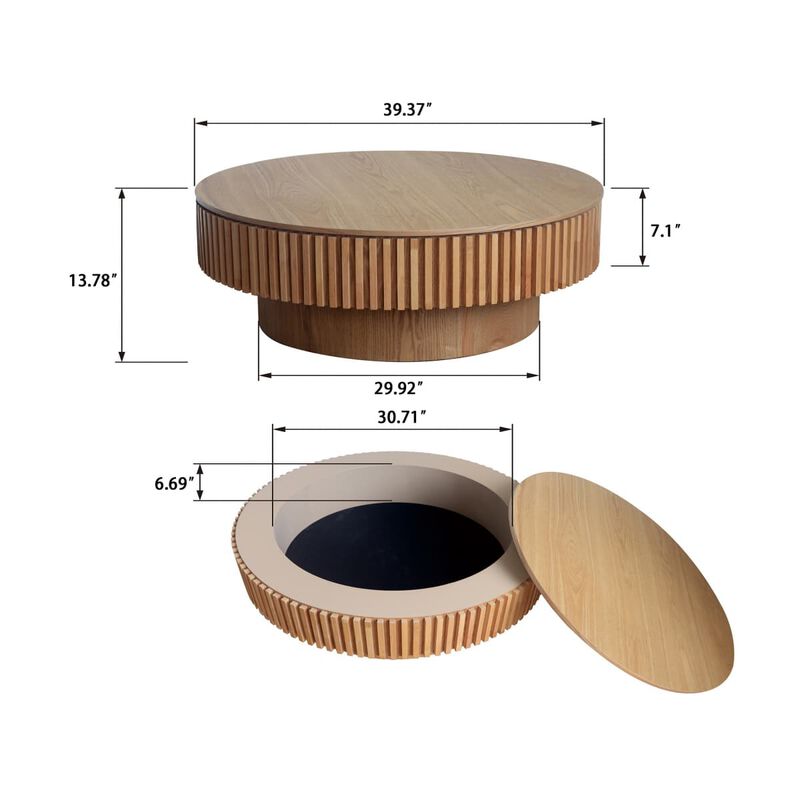 Round coffee table with storage Solid wood veneer and MDF coffee table with fluted base Modern accent coffee table for living room image number 2