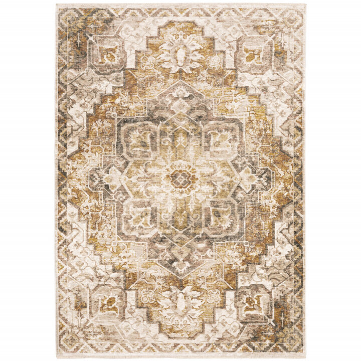 5 X 8 gold And Ivory Oriental Power Loom Stain Resistant Area Rug With Fringe