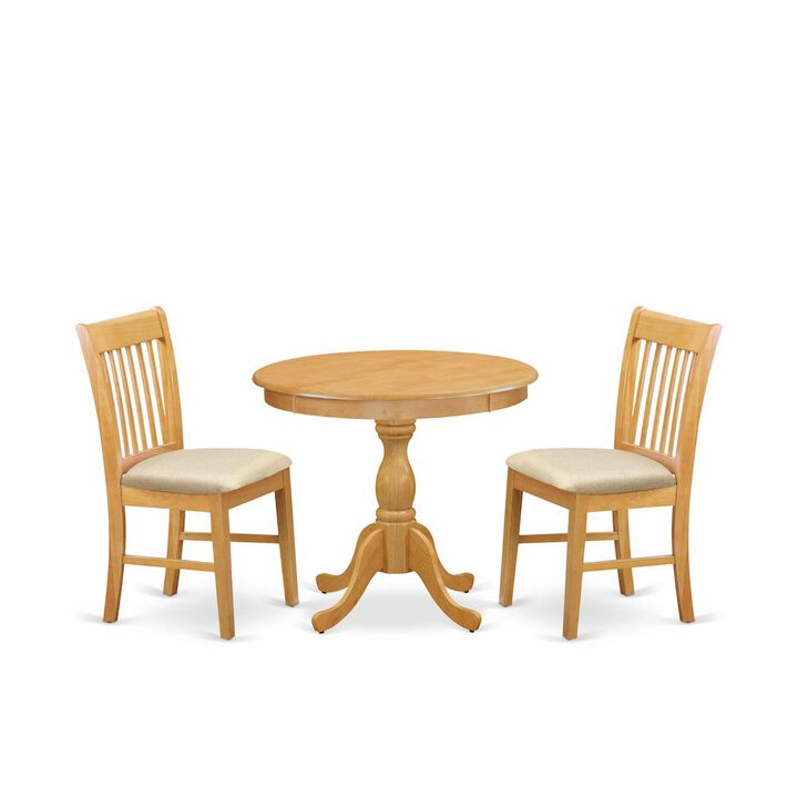 East West Furniture 3 Piece Dining Room Set Consists of 1 Wooden Dining Table and 2 Oak Linen Fabric Dining Room Chairs with Slatted Back - Oak Finish