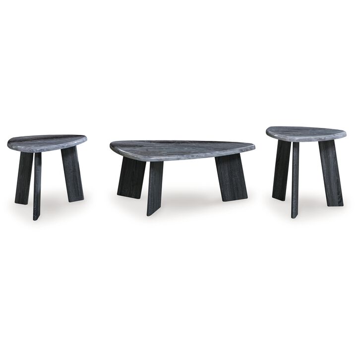 Bey 3pc Coffee n Table Set, Gray Faux Marble Top, Geometric Panel Base