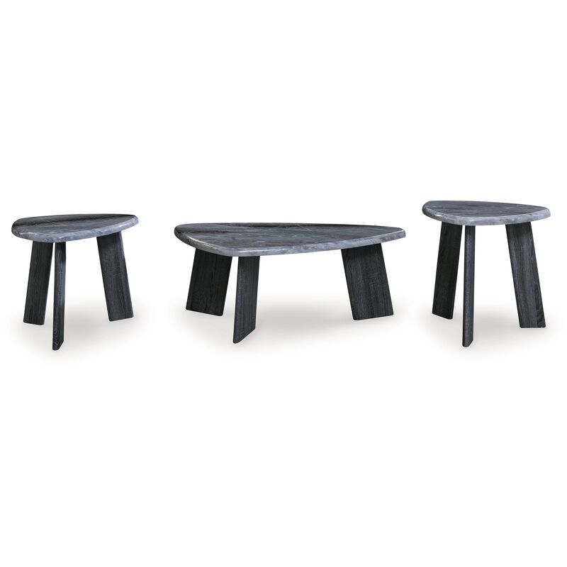 Bey 3pc Coffee n Table Set, Gray Faux Marble Top, Geometric Panel Base