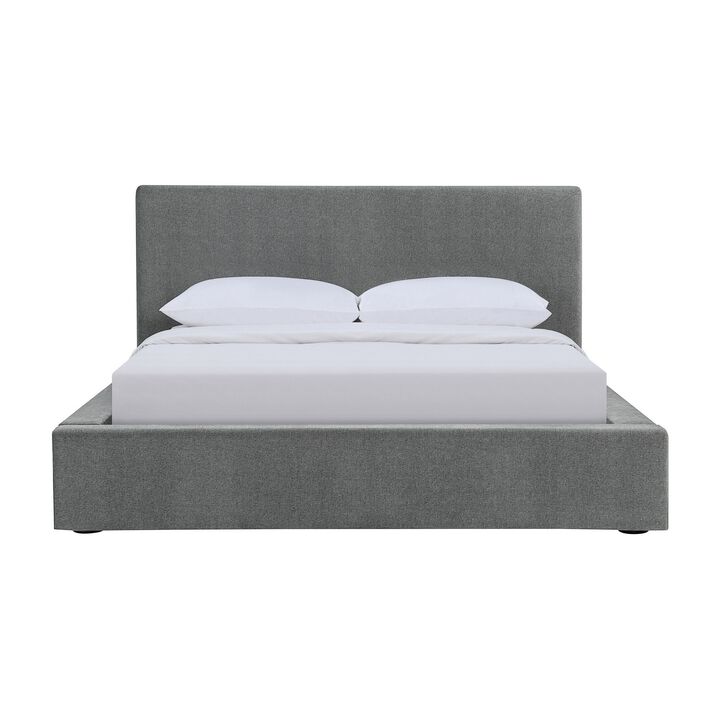 Jivi King Size Platform Bed, Low Profile, Padded, Gray Fabric Upholstered - Benzara