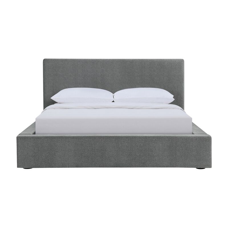 Jivi King Size Platform Bed, Low Profile, Padded, Gray Fabric Upholstered - Benzara