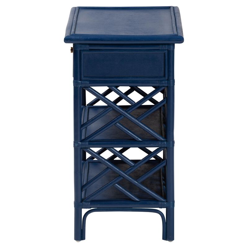 bali & pari Tiaret Natural Rattan Nightstand with Drawer and Shelves – Chippendale-Style Bedside Table for Bedroom or Coastal Living Spaces, Blue