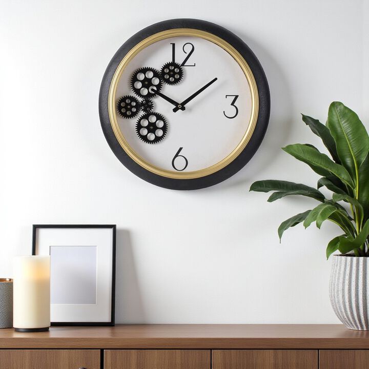 HomeRoots 16" Black Gold And White Faux Leather And Iron Analog Exposed Gear Round Wall Clock