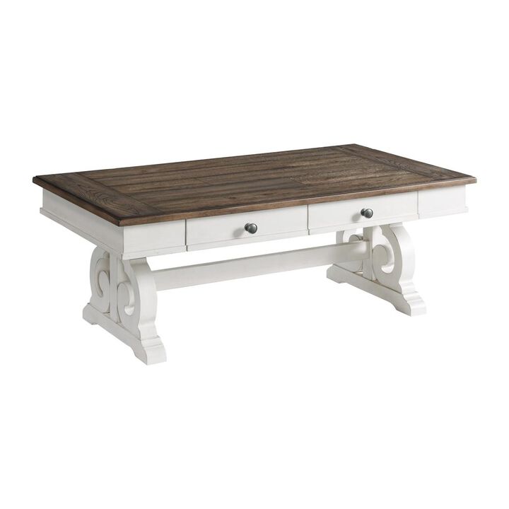 Coffee Table, 50x28x19 in Rustic White & French Oak