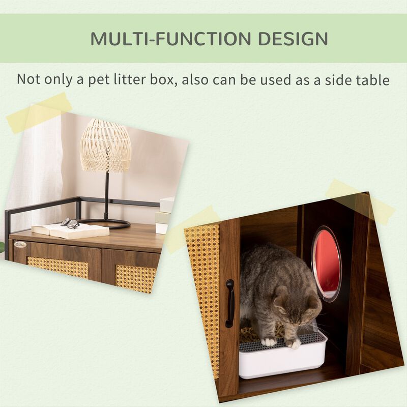 Hidden Litter Box Enclosure with Adjustable Partition, Hidden Cat Furniture with Cushion, Indoor Cat Washroom with Rattan Decoration, Double-door End Table Cabinet, Walnut