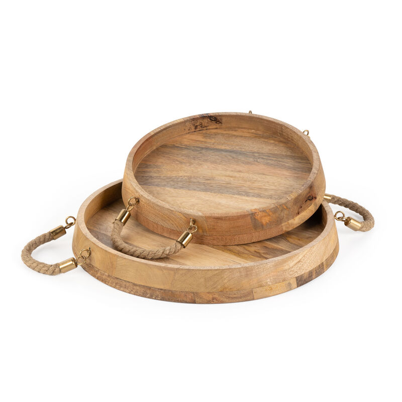 HomeRoots Set of Two Brown Round Solid Wood Serving Trays With Handles image number 2
