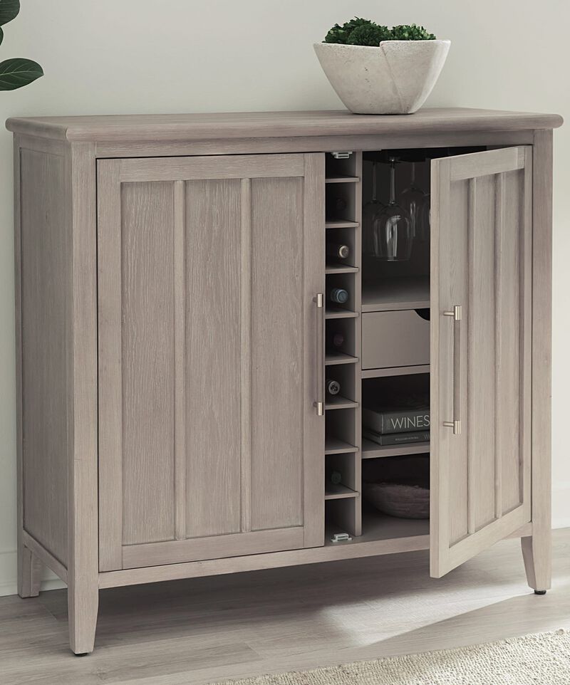 Camden Two Door Two Drawer Bar Cabinet with Stemware Rack and Wine Rack in Chai
