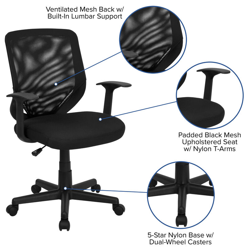 Norris Mid-Back Black Mesh Tapered Back Swivel Task Office Chair with T-Arms image number 3