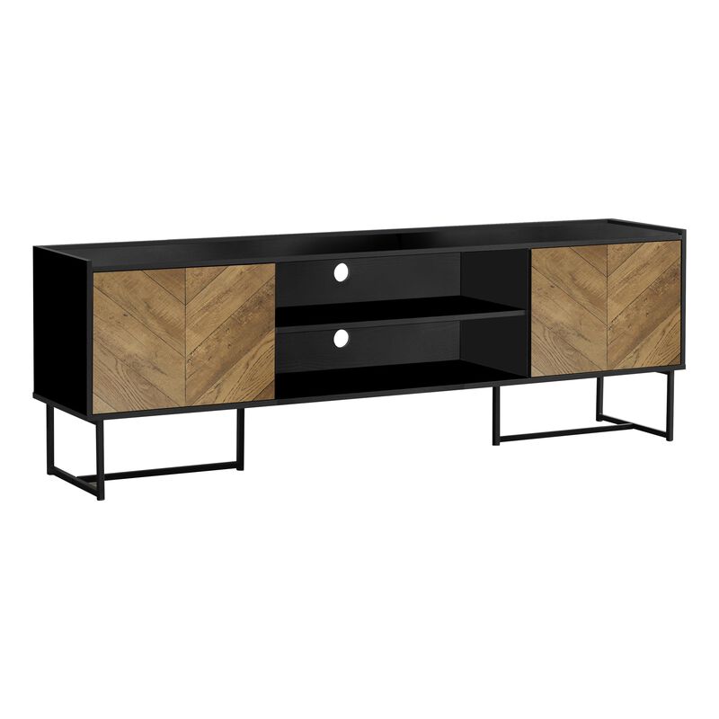 Tv Stand, 72 Inch, Console, Media Entertainment Center, Storage Cabinet, Living Room, Bedroom, Brown And Black Laminate, Black Metal, Contemporary, Modern