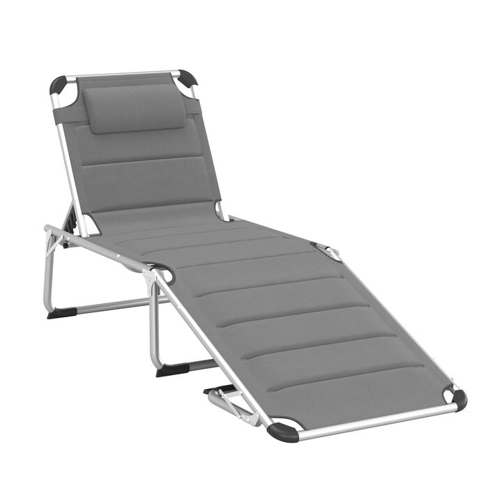 Outsunny Foldable Outdoor Chaise Lounge Chair, 5-Level Reclining Camping Tanning Chair with Aluminum Frame, Padding, and Headrest for Beach, Yard, Patio, Pool, Gray