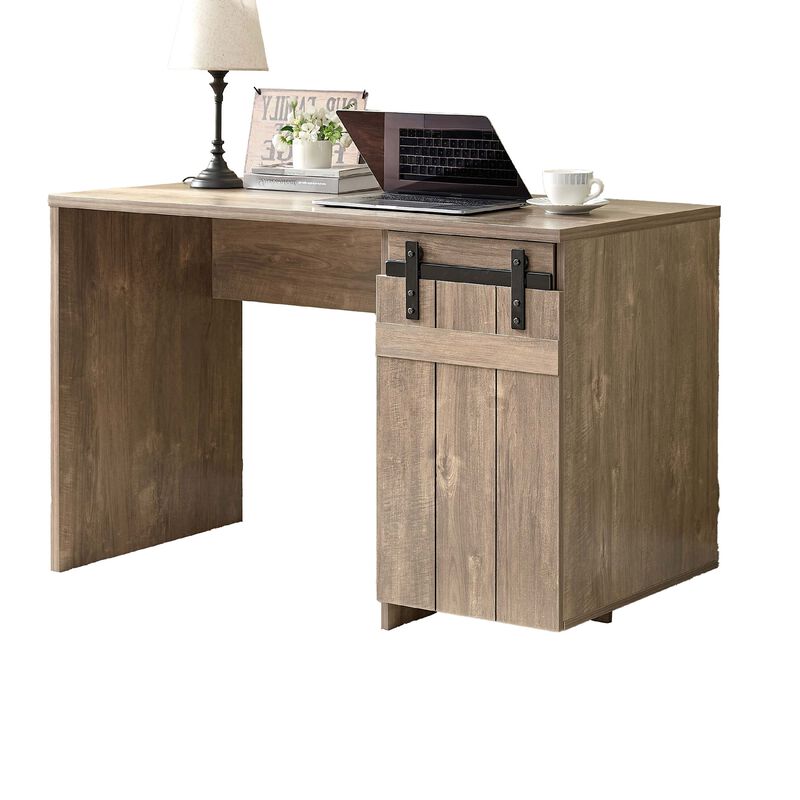 Fior Home Writing Desk, 47 Inch, Hazelnut Brown Wood, Faux Barn Door
