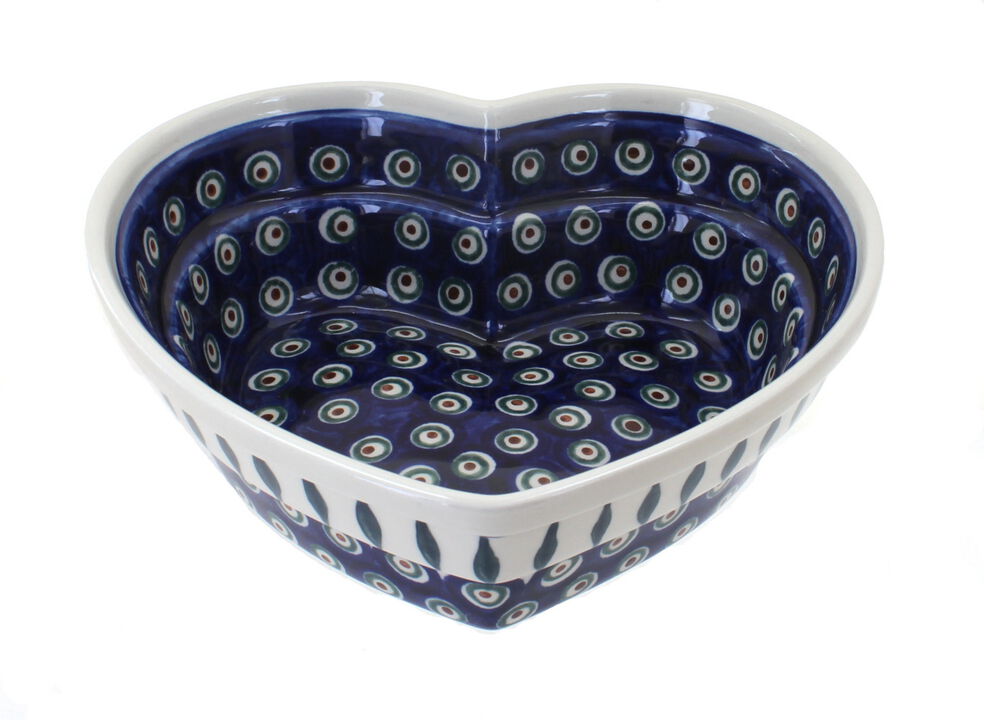 Blue Rose Polish Pottery Flowering Peacock Large Heart Bowl