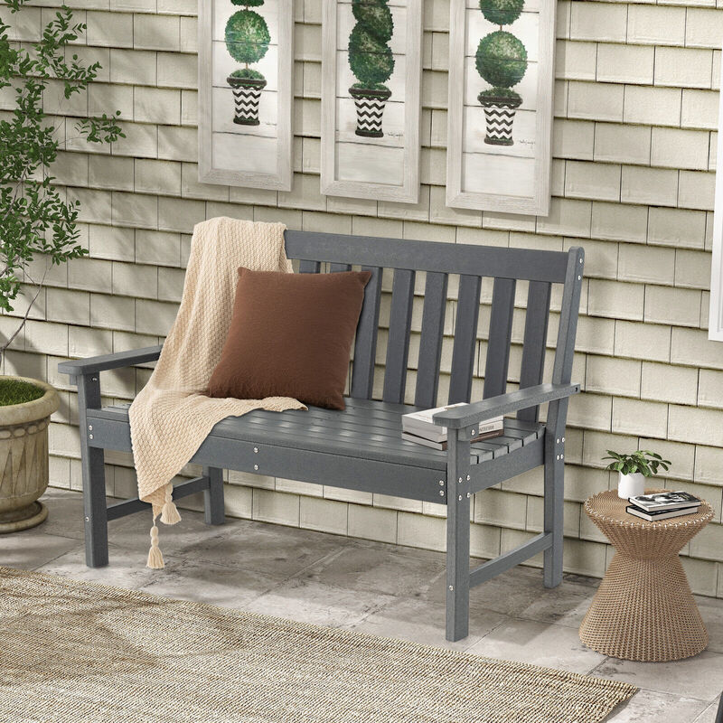 52 Inch All-Weather HDPE Outdoor Bench with Backrest and Armrests-Grey