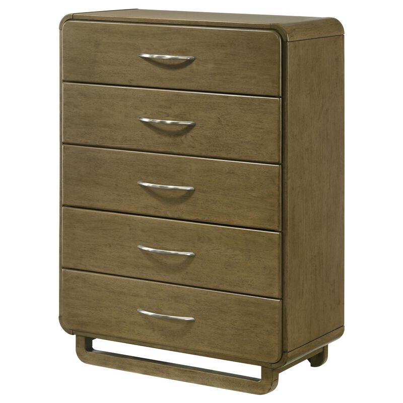 Deon Tall Dresser Chest, 5 Drawers w Nickel Handles, Nutmeg Brown - Benzara
