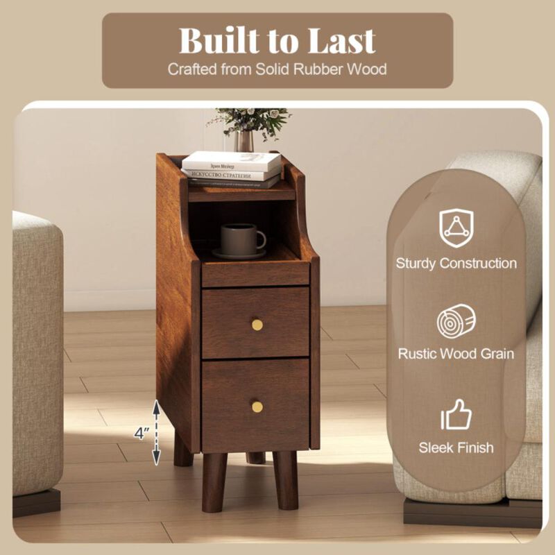Hivvago Solid Wood End Table Narrow Bedside Table with Pull-out Tray and 2 Storage Drawers