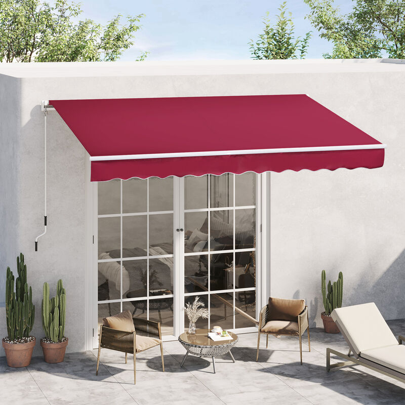 Outsunny 12' x 8' Retractable Awning, Patio Awning Sun Shade Shelter with Manual Crank Handle, 280g/m² UV and Water-Resistant Fabric, Aluminum Frame for Deck, Balcony, Yard, Red