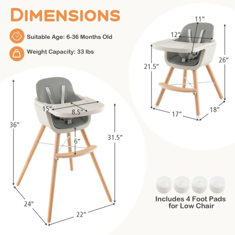 Hivvago 3-in-1 Convertible Wooden High Chair with Cushion