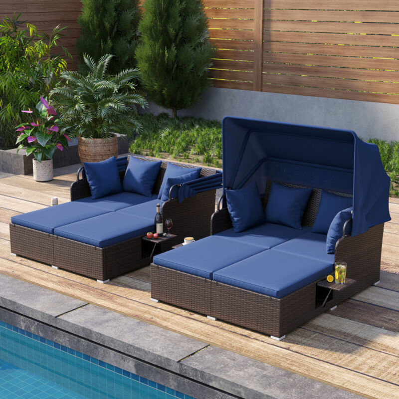Patio Rattan Daybed with Adjustable Canopy and Built-In Side Tables image number 5