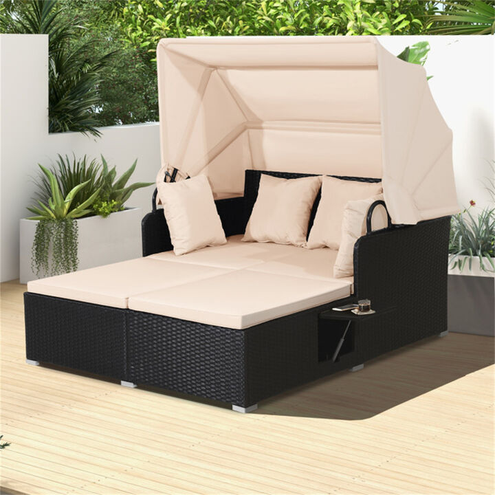 Rattan Daybed Lounge with Retractable Canopy, Side Tables & Cushions