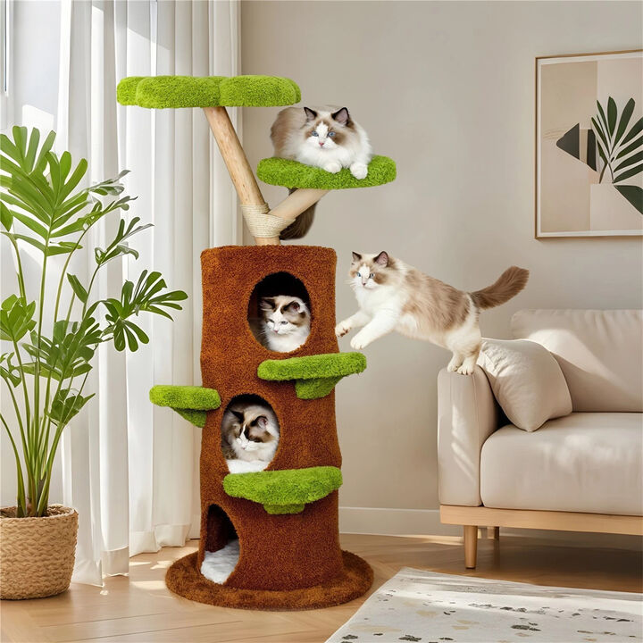 148CM Tall Wooden Cat Tree Tower Condo for Large Cats Activity with Steps &Posts