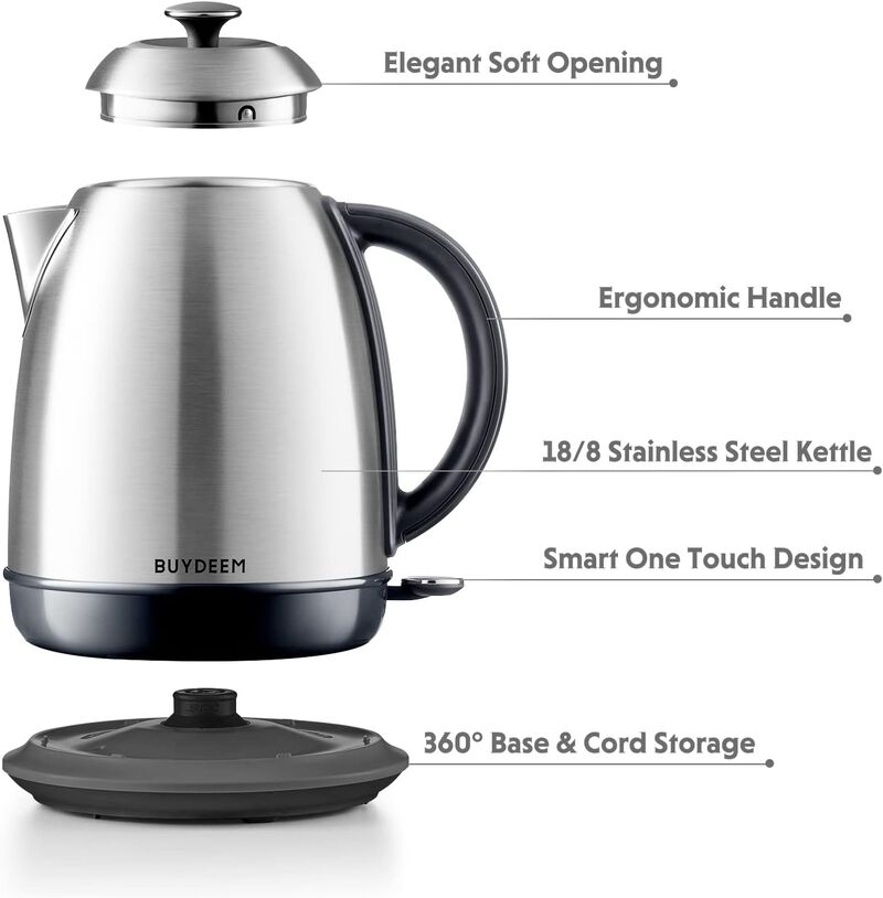 BUYDEEM K640 Stainless Steel Electric Tea Kettle with Auto Shut-Off and Boil Dry Protection, 1.7 Liter Cordless Hot Water Boiler with Swivel Base, 1440W image number 6