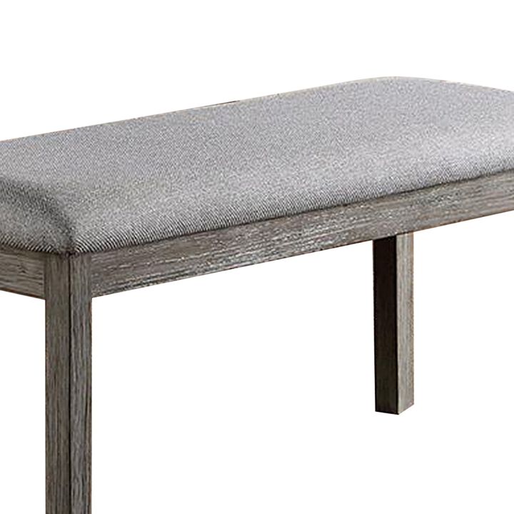Lais 45 Inch Dining Bench, Wired Brushed Gray Wood, Gray Fabric Padded Seat - Benzara