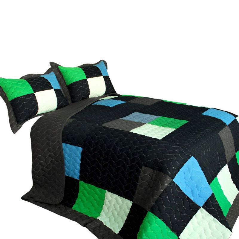 Fatal Attraction 2 Vermicelli Stitch Plaid Quilt Set Twin Size Cozy Patchwork Bedding image number 1
