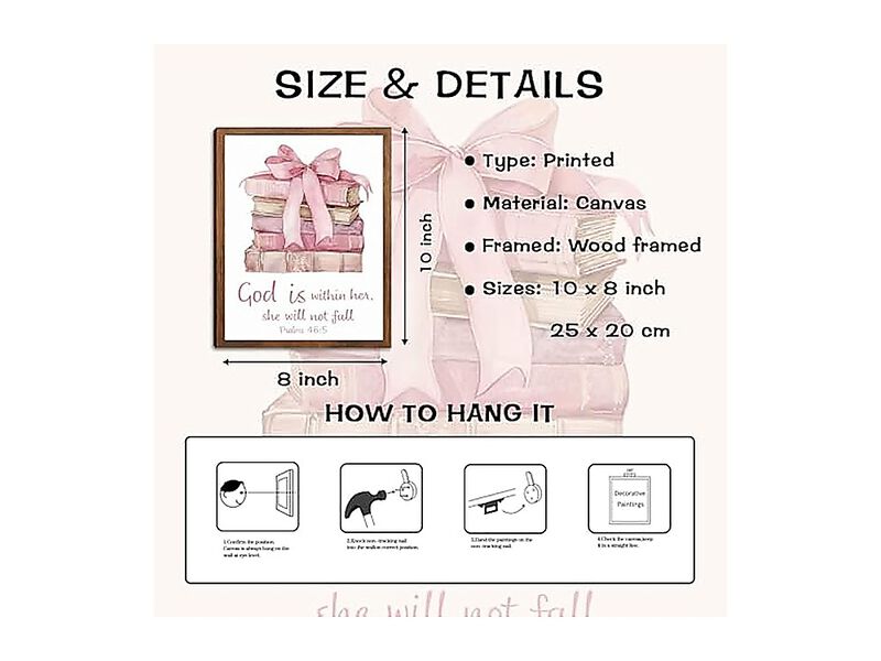 Pink Bows Books Bible Verse Christian Canvas Wall Art Wood Framed Trendy Decor image number 2